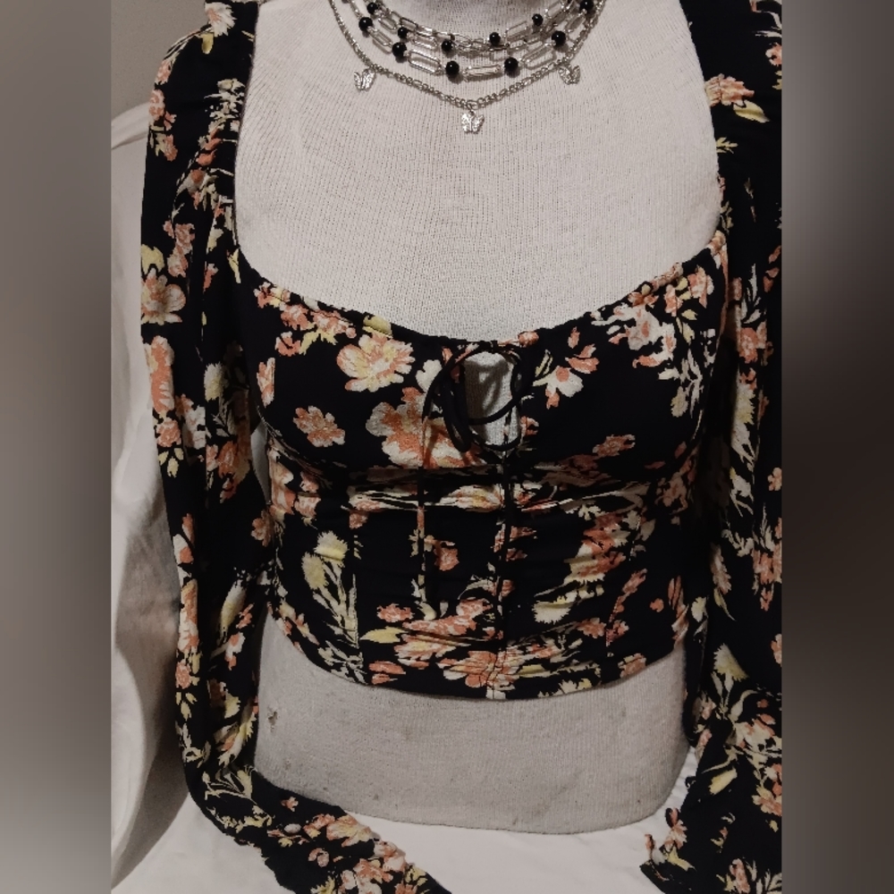 NWT Free People Floral Hilary Printed Top in "Black Combo". Size XS.